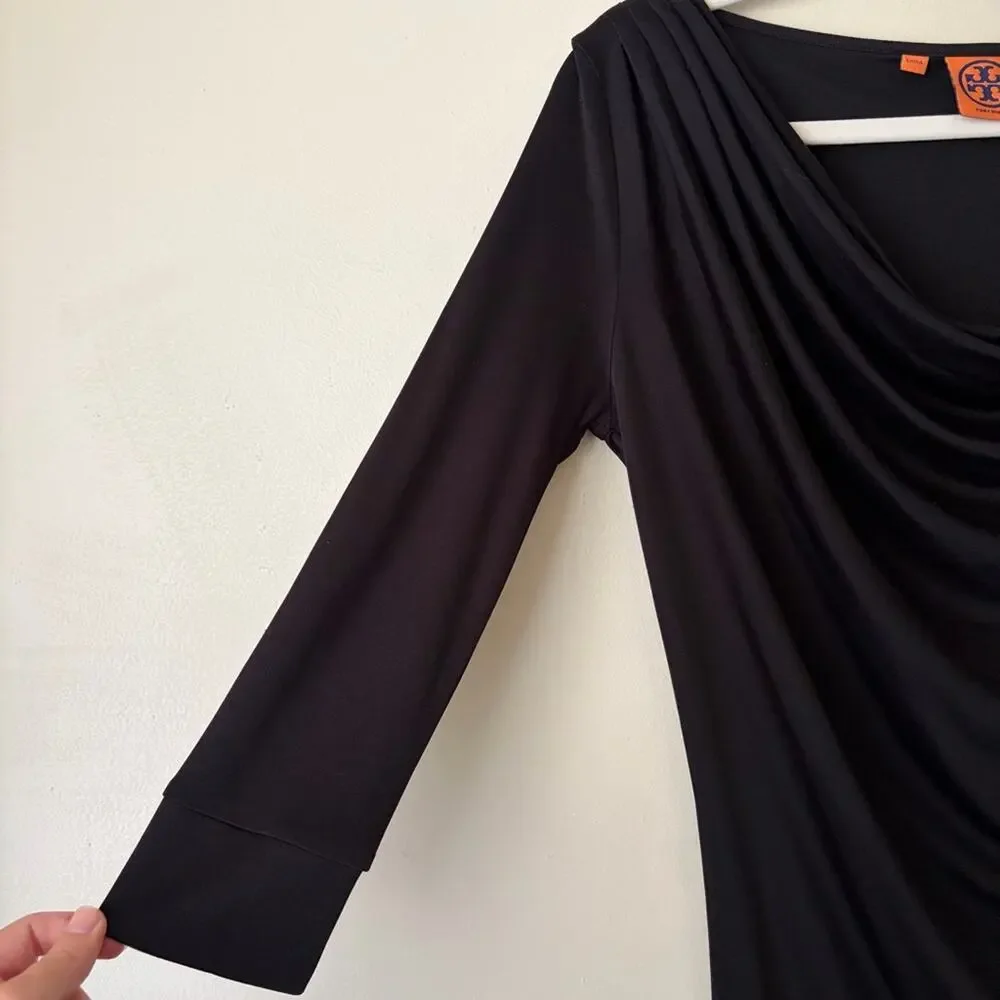 Tory Burch | 100% Silk Draped Cowl Neck Knee Length Ruched Dress Black Small